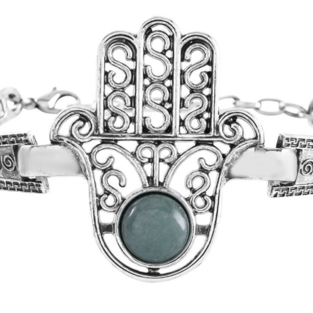 Green Aventurine Hamsa Hand Bracelet in Silvertone (7-9In) 5.00 ctw
